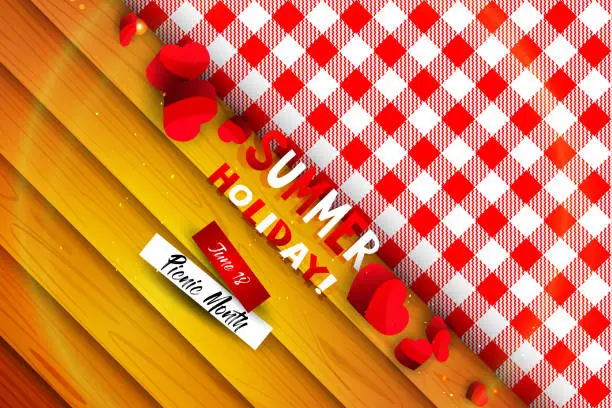 Vector illustration of Picnic month holiday card in cartoon style. Text congratulations with hearts on the background of a red and white checkered picnic blanket and wooden boards.