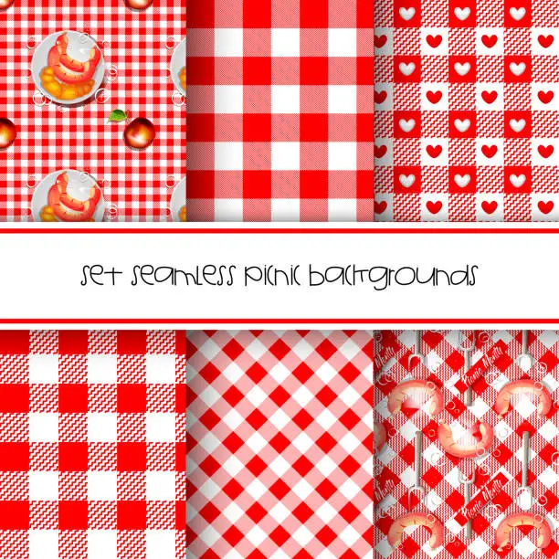 Vector illustration of Vector red and white gingham seamless background for picnic month in cartoon style. A plate with a croissant and an apple on the background of a red and white checkered plaid. Checkered texture with sausages on a stick for picnic blanket, tablecloth.