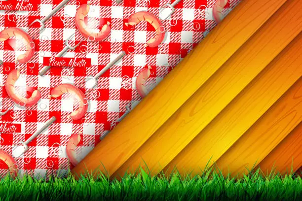 Vector illustration of Picnic month holiday card in cartoon style. Wooden panels on a red and white checkered picnic blanket with hot dogs on a stick on a sunny day against the backdrop of young grass.
