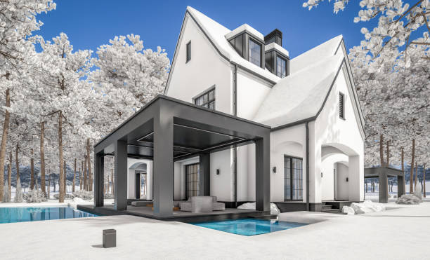 3d rendering of white and black modern tudor house in winter day - house residential structure non urban scene tudor style imagens e fotografias de stock
