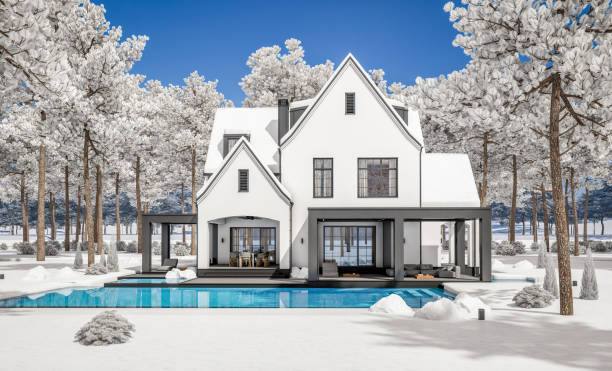 3d rendering of white and black modern tudor house in winter day - house residential structure non urban scene tudor style imagens e fotografias de stock