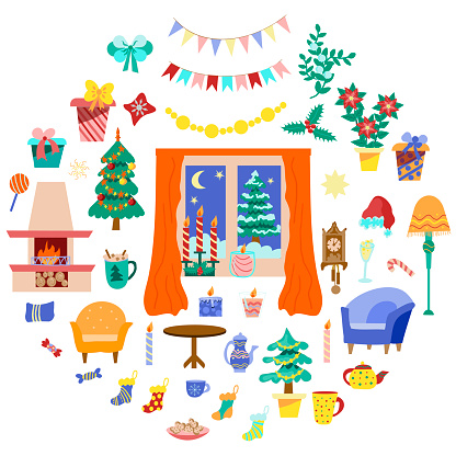 Cozy New Year's house. A set of 50 Christmas elements in a flat cartoon style.