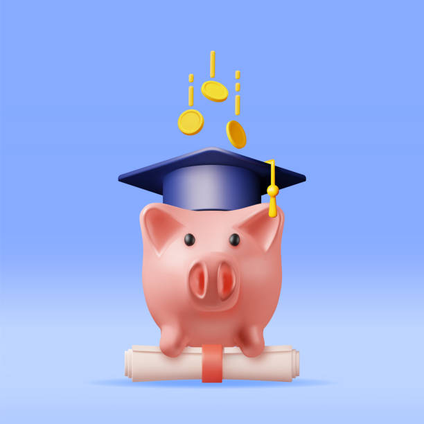 istock 3D Piggy Bank with Graduation Cap, Diploma, Coins 1489135441