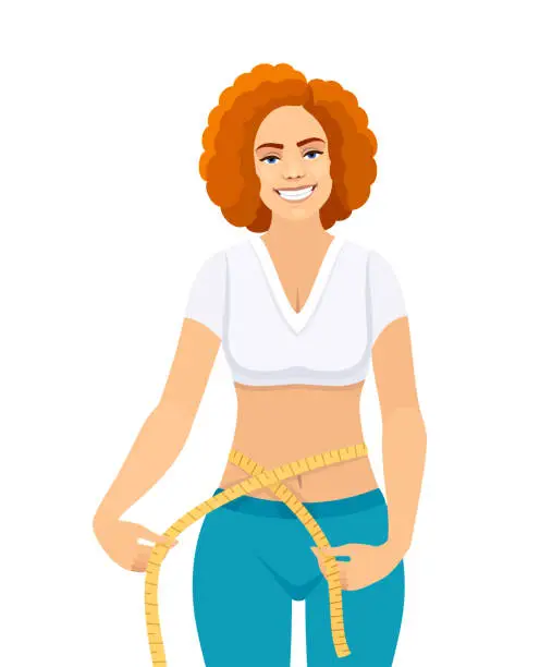 Vector illustration of Fit young woman measuring her waist. Beautiful Redhead woman.