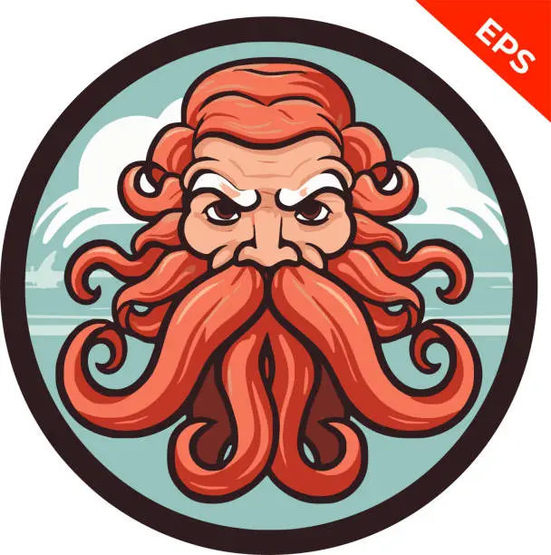 Vector illustration of Neptune kraken sea god, lord of the sea. Beautiful avatar, men sticker, emblem