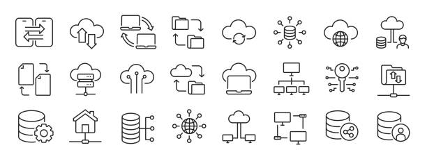 Data traffic, database, clouds, exchange thin line icons. Editable stroke. For website marketing design, logo, app, template, ui, etc. Vector illustration. Data traffic, database, clouds, exchange thin line icons. Editable stroke. For website marketing design, logo, app, template, ui, etc. Vector illustration. exchanging stock illustrations