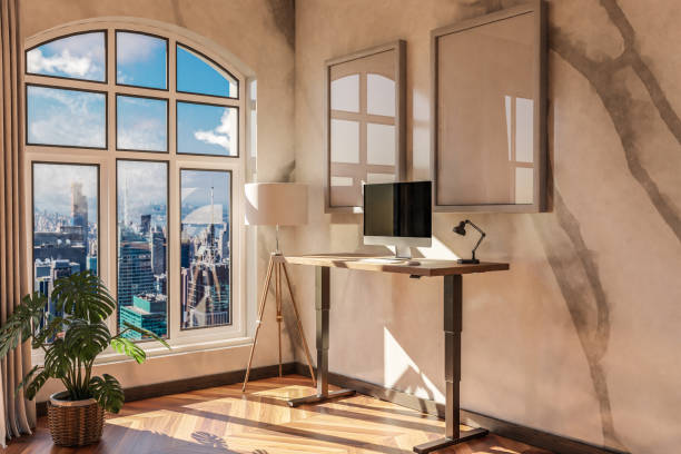 istock modern standing desk pc workplace in daylight downtown skyline office; home decoration desing and home office concept; 3D Illustration 1489142602