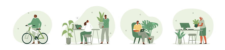 Business people concept illustration set. Characters have environment friendly workplace at a green sustainable office. Women and men grow plants in office space. Vector illustration.