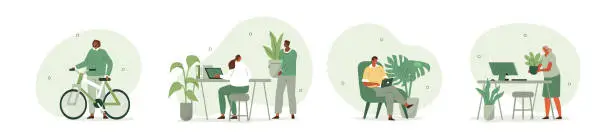Vector illustration of green workplace set