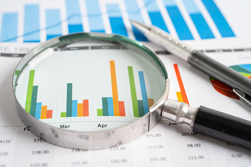 Magnifying glass on graph paper. Financial development, Banking Account, Statistics, Investment Analytic research data economy, Business concept.