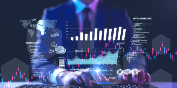 istock Business finance data analytics graph chart report, man typing computer keyboard investment  digital GDP marketing KPI sale data report financial management technology virtual screen metaverse. 1489149950
