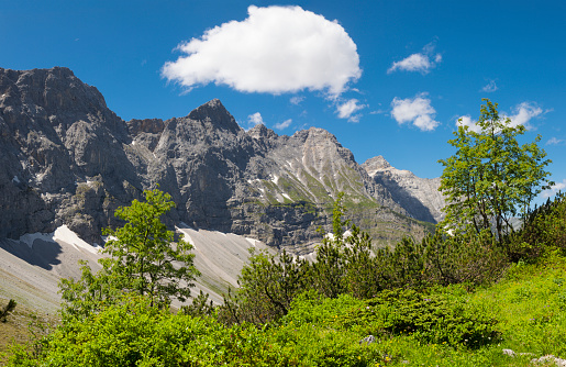 Grimsel pass - Obergoms, Switzerland - May 8, 2022: The famous Grimsel pass is open again after the winter. Remains of snow have not yet melted and lie on the Alpine meadow. In the summer season, many will drive this tourist route through the high mountains in the Swiss Alps.