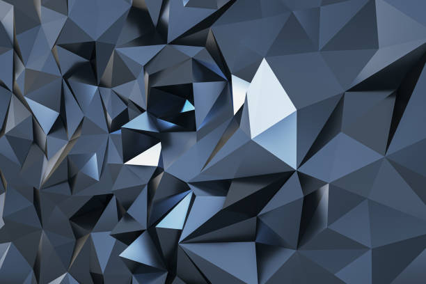 istock Perspective view on abstract dark grey and silver triangles wall in form of crystal background. 3D rendering 1489150768