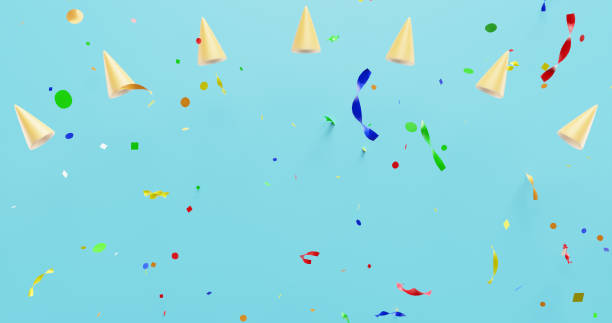 istock Birthday.Falling colorful confetti and cap cones on a blue background. 3d rendering 1489153352