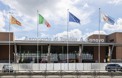 Treviso, Veneto, Italy - Apr 15th, 2023: View of facade of International Airport Treviso A. Canova (TSF)