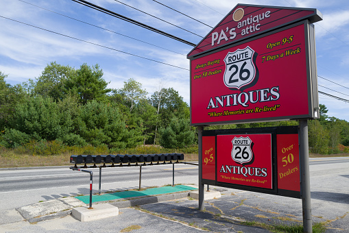 Views of an antique shop along a rural country road in the area of Harrison, Maine.