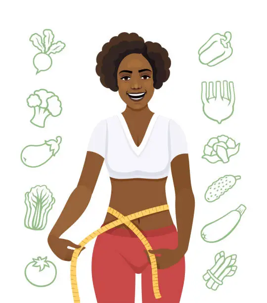 Vector illustration of Fit young woman measuring her waist. African American Woman  with centimeter.