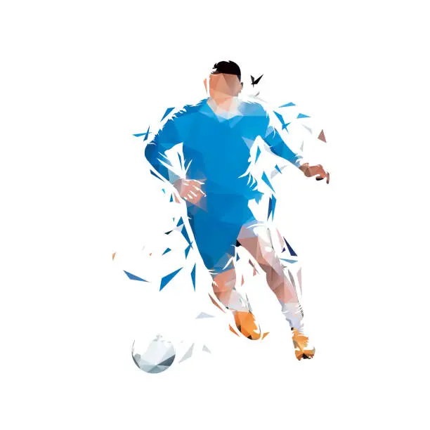 Vector illustration of Football. Soccer player running with ball, isolated vector low polygonal illustration. Geometric drawing from triangles. Team sport athlete