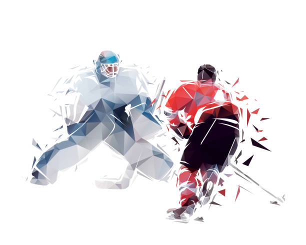 ilustraciones, imágenes clip art, dibujos animados e iconos de stock de hockey sobre hielo, tiro penal, portero y jugador ofensivo, ilustración vectorial geométrica aislada de polietileno bajo de triángulos, vista frontal. deporte de equipo de invierno - ice hockey illustrations