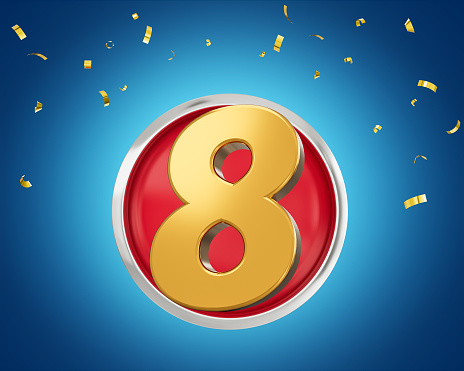 Gold Number 8 Gold Number Eight, Rounded Red Icon with Particles On Blue Background, 3d illustration