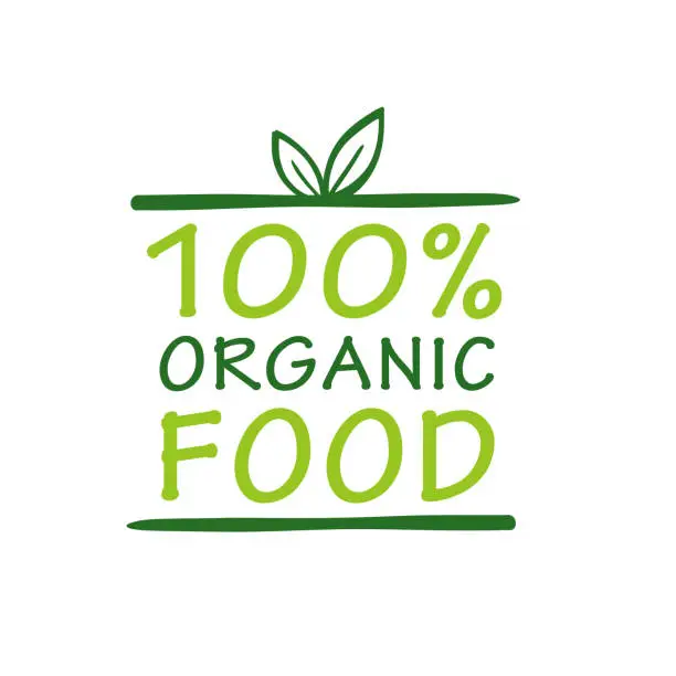Vector illustration of 100% Organic Food Label with Leafs
