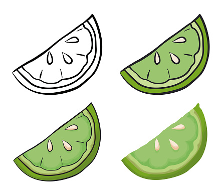 Four variations of a slice of lemon: one in outlines for coloring, one in flat colors and the others in cartoon style.