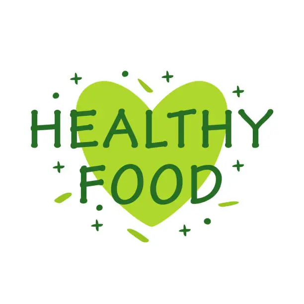 Vector illustration of Natural Product Label with Healthy Food Text and Heart Shape