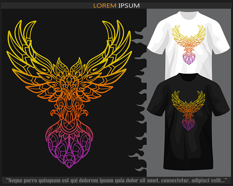 Gradient Colorful Phoenix bird mandala arts isolated on black and white t shirt.