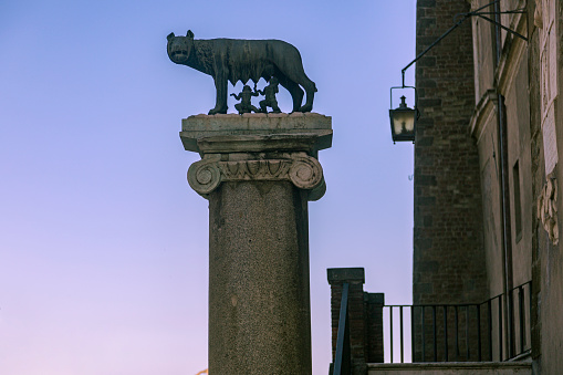 A column with a with a statue of a she-wolf and Romulus and Remus. Rome, Italy