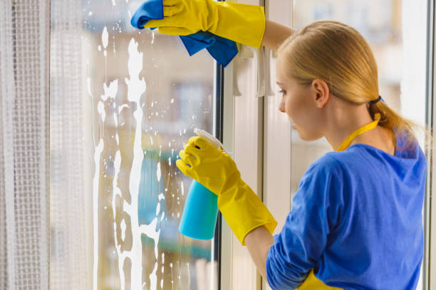 istock Woman cleaning window at home 1489165327
