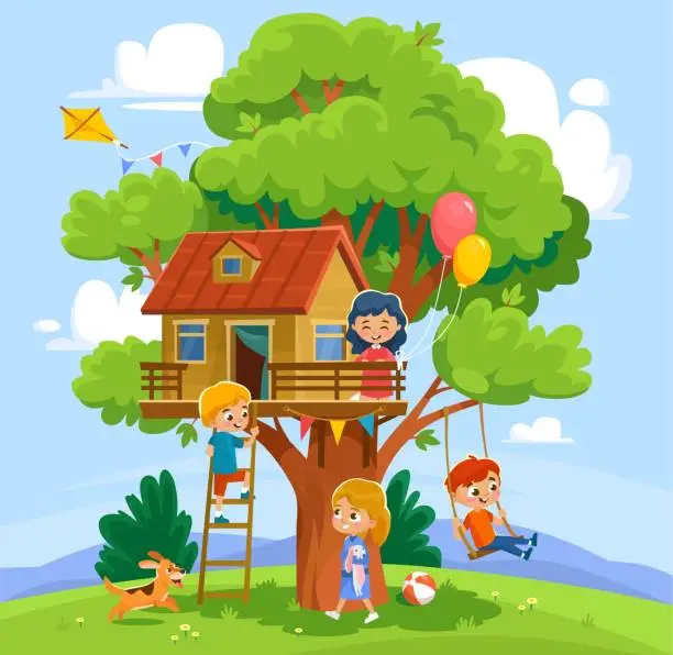 Vector illustration of Happy kids with a dog are having fun in a tree house in the summer illustration