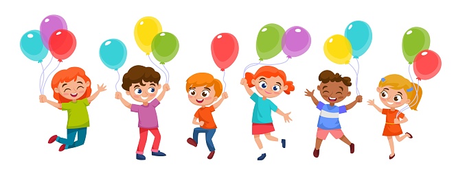 A happy group of kids with colorful balloons in their hands celebrating a birthday. Boys and girls are jumping and dancing at a party. Cartoon style vector illustration isolated on white background.