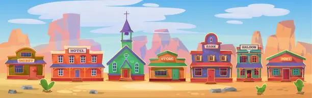Vector illustration of Wild west town background illustration with a row of buildings for western game