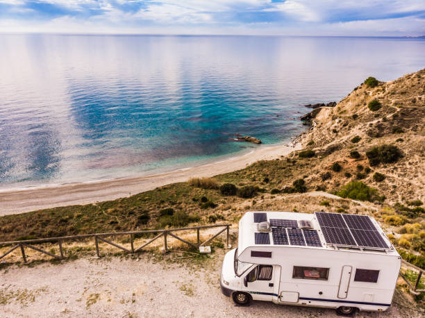 istock Rv camper on spanish coast. Aerial view 1489167208
