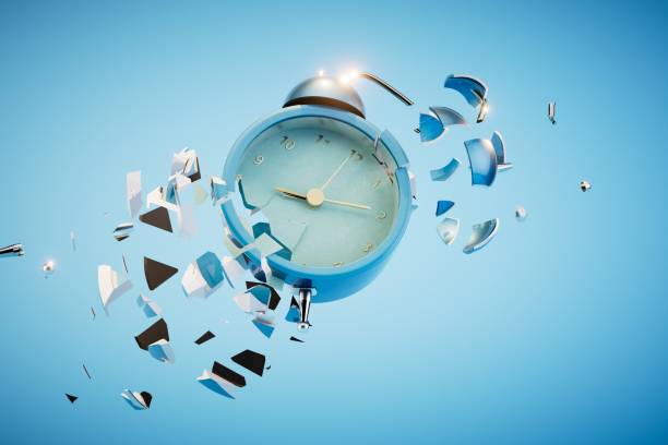 istock Alarm clock breaking into pieces on a blue background. 3D render 1489168052
