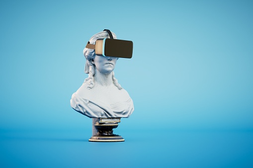 sculpture of a woman wearing virtual reality glasses on a blue background. 3d render.