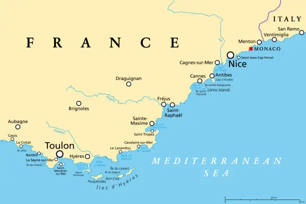 Vector illustration of French Riviera, Cote dAzur, a Mediterranean coastline, political map