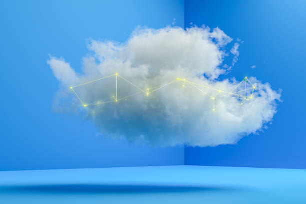 istock 3D render: Cloud Computing Concept - A cloud in a blue room with a network of glowing yellow connections 1489169998