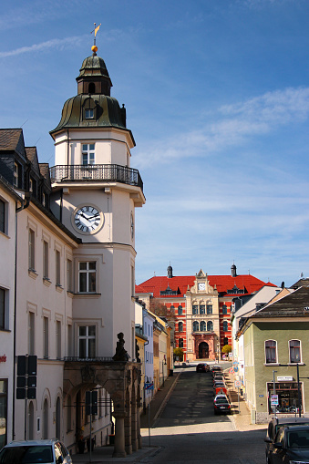 Treuen, Germany - May 5, 2023: Market Square in Old Town of Treuen, a city in Vogtland region of Saxony, Germany