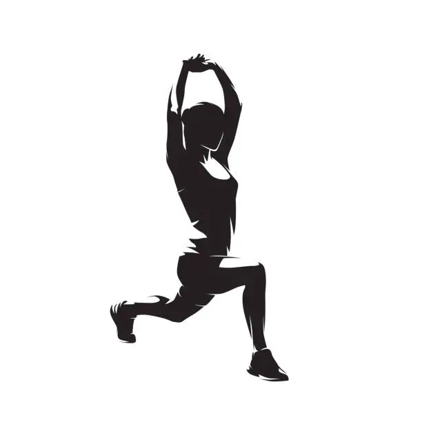 Vector illustration of Woman stretches her thigh muscles after a workout. Regeneration after running, isolated vector silhouette