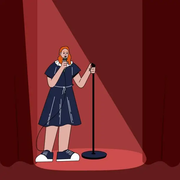 Vector illustration of Stand-up comedic woman. Comedy artist. The performance of a female comedian