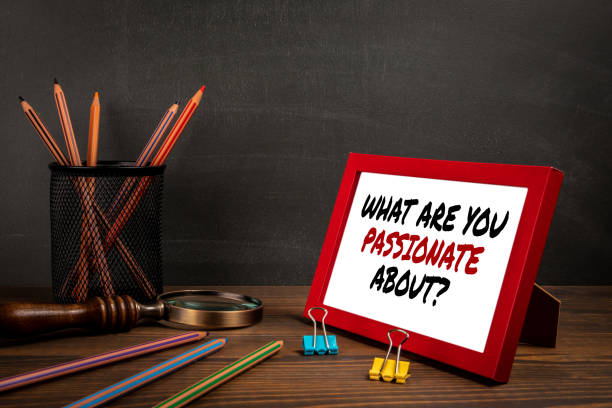 istock What Are You Passionate About? Picture frame with text on wooden office table 1489176769