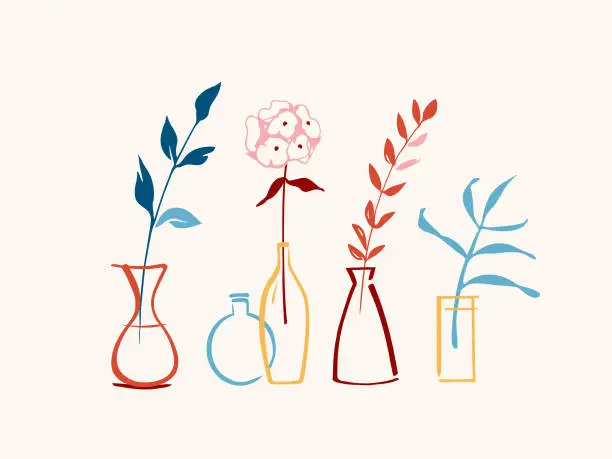 Vector illustration of Hand-drawn vases with plants