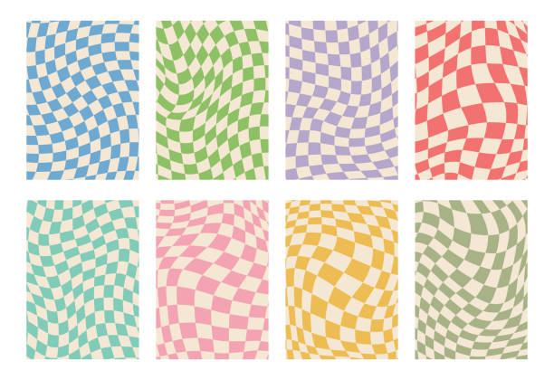 Retro set of groovy wavy psychedelic checkerboard in pale pastel colors, A4. Y2K, phone case background from the 90s. Hippie chessboard template. Psychedelic retro design from the 60s 70s. Gingham.