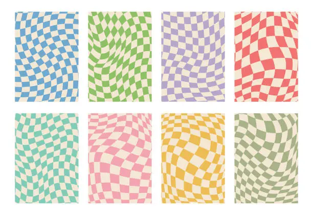 Vector illustration of Retro set of groovy wavy psychedelic checkerboard in pale pastel colors, A4. Y2K, phone case background from the 90s. Hippie chessboard template. Psychedelic retro design from the 60s 70s. Gingham.