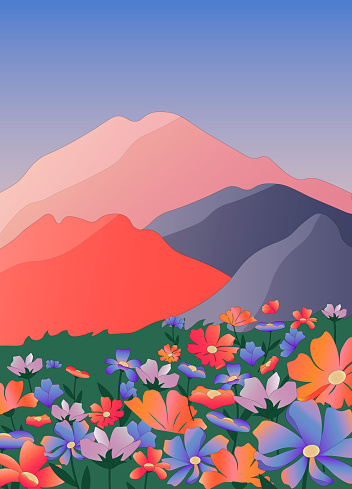 Landscape illustration. A field with colorful flowers, green grass and mountains. Summer time. Vector with gradient effect and stroke. Poster template for covers and brochures, flyers, web pages and social media.