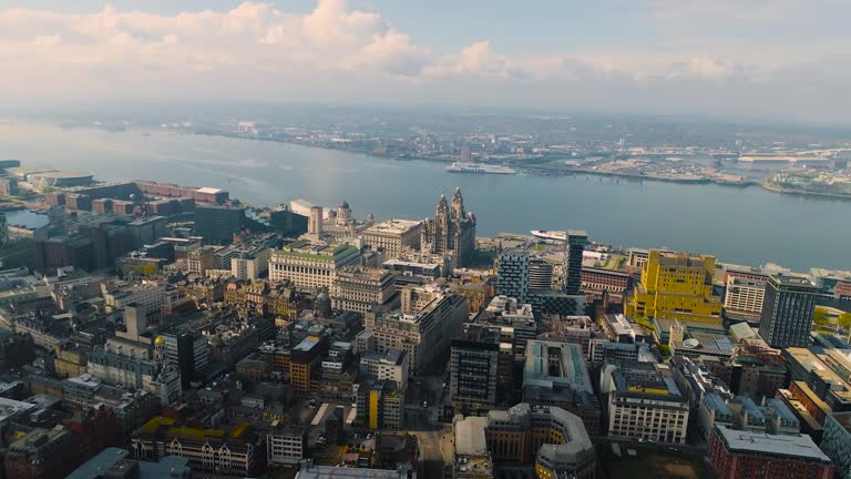 Aerial view of the Royal Liver building, a Grade I listed building in Liverpool, England