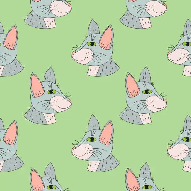 Vector illustration of Cartoon doodle cat's muzzle seamless pattern. Cat owner background.