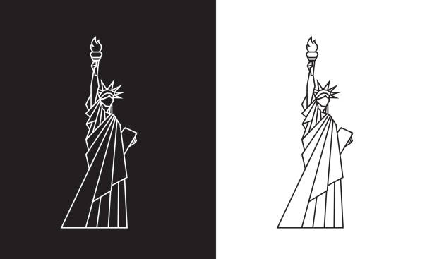 ilustraciones, imágenes clip art, dibujos animados e iconos de stock de estatua de la libertad, blanco y negro, contorno, icono - statue manhattan monument flaming torch