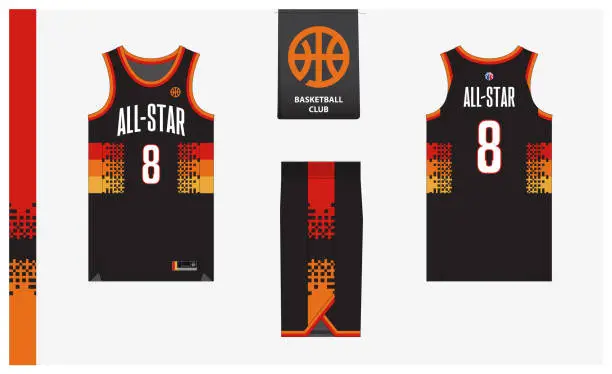 Vector illustration of Basketball uniform mockup template design for sport club. Basketball jersey, basketball shorts in front and back view. Basketball logo design.